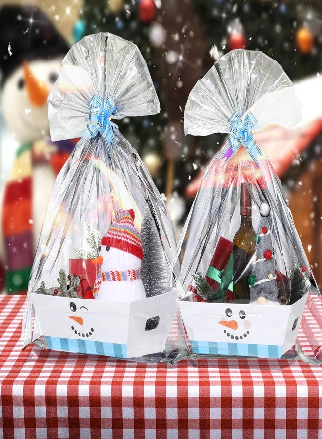 Cholemy 12 Pack 12 x 10 x 4 Inch Christmas Empty Gift Basket Kit Bulk, Includes 12 Snowman Face Cardboard Baskets, 12 Plastic Bags and 12 Bows, Large Xmas Gifts Baskets with Handles for Holiday - Image 5